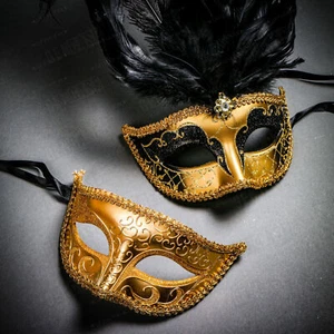 Black Gold Men Half Face Mask & Top Feather Masquerade Women Couple Party Mask - Picture 1 of 2