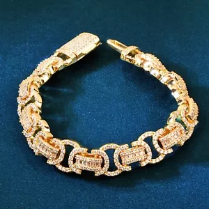 5AAA+ CZ Ice Out Hop Hip Chain Byzantine Bracelet 14k Real Gold Plated 13MM - Picture 1 of 9