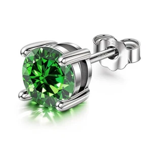 Men's Birthstond Emerald Solitaire Stud Earring 92.5 Sterling Silver Diamond Lik - Picture 1 of 5