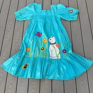 Vestido Ramona Rull Vintage Años 70, Gato Gráfico Flores MuMu Talla Única Azul - Imagen 1 de 10