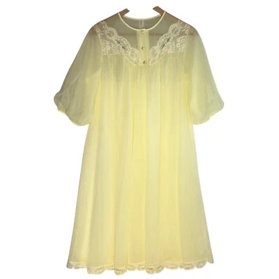Vintage SHADOWLINE Night Gown Peignoi S Yellow Sheer Lace Layered intimate sexy - Image 1 of 4
