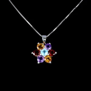 925 Sterling Silver Necklace Round Mozambique Amethyst Citrine Gemstone Jewelry - Picture 1 of 13