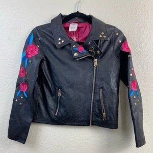 Disney Faux Leather Jacket Kids Size 12 Beauty Beast Belle Moto Embroidered Rose - Picture 1 of 16