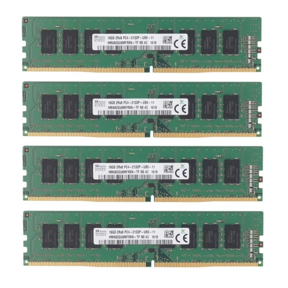 Hynix 64GB 4X16GB DDR4 2133MHz PC4-17000 2RX8 UDIMM Memory Ram HMA82GU6MFR8N-TF - Image 1 of 4