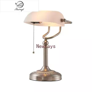 Matted White Banker Desk Lamp Pull Chain Switch Glass Light Satin Brass Fixture - Picture 1 of 7