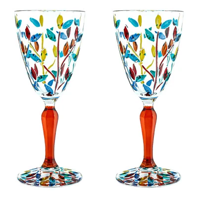 Pair of 2 Murano Glass Wine Multi Orange Stem Hand Painted 19cm Venice Italy - Image 1 of 4