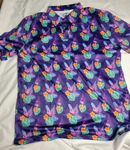 Proud 90 Purple Men's Shirt Flamingo Floral Hawaiian Golf is Fun Polo Size L A9 - Picture 1 of 6