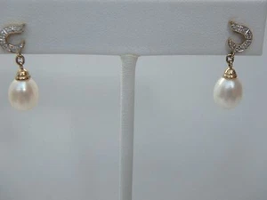 14K jewelry Yellow Gold Cultured Pearl and  Diamond Dangling Earrings - Picture 1 of 7