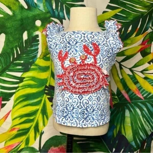 Mud Pie Baby Girl 9/12M Nautical Blue Red Coastal Ruffle Preppy Crab Top - Picture 1 of 6
