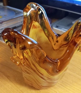 Gorgeous Murano Blown Glass Marbled Amber Vase 5-1/2" Tall - Picture 1 of 5