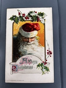 Vintage embossed John Winsch postcard Santa Claus A Merry Christmas Holly 1912 - Picture 1 of 3