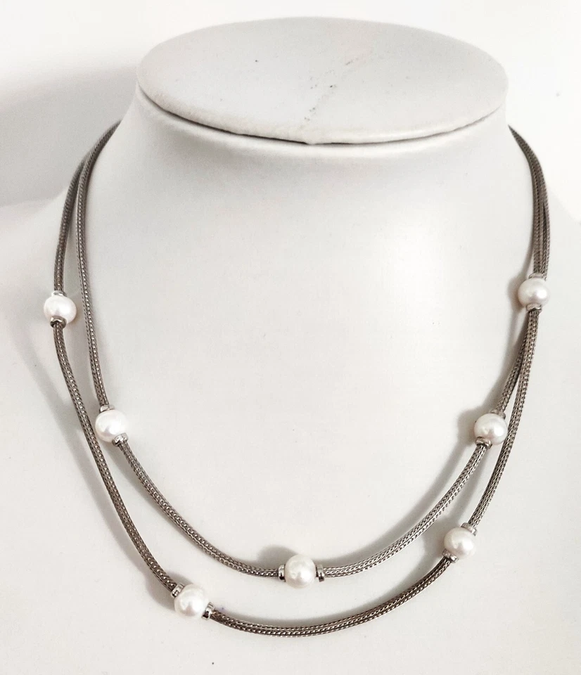 COLLANA COLLIER DONNA ARGENTO 925 PERLE COLTIVATE DOPPIO FILO MAGLIA CALZA - Immagine 1 di 1