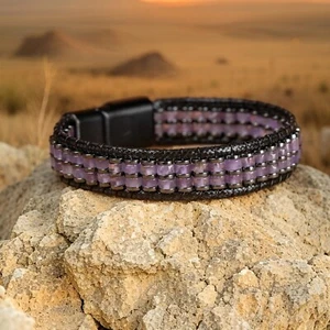 Natural Amethyst & Hematite Beads Purple Gemstone Strength Men Leather Bracelet - Picture 1 of 6