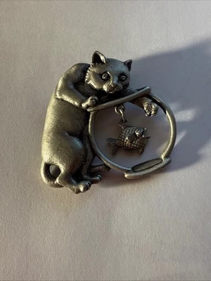 CAT Vintage JJ Jonette Brooch Pin Pewter Cat Paw In Fish In Bowl So Cute - Image 1 of 4