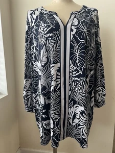 Top donna Susan Graver 3X blu navy bianco floreale manica 3/4 VEUC - Foto 1 di 4
