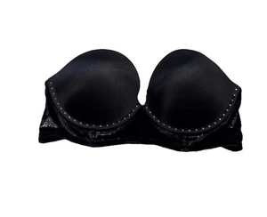 Victoria’s Secret Bra Womans Sz 32D Black Padded Strapless No Straps Rhinestone - Picture 1 of 5