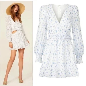 One 33 Social Floral Mini Dress Cut Out Long Sleeve White Blue NWOT Size 8 - Picture 1 of 12