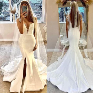 Mermaid Wedding Dresses With Split Deep V Neck Satin White Ivory Bridal Gowns - Picture 1 of 9