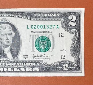 2001 March 27 (L 02001327 A) Birthday Note $2 Two Dollar Bill (_ 2001 / 3 / 27) - Picture 1 of 3