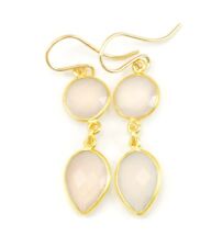 Soft Pink Chalcedony Earrings Double Hung Bezeled Smooth Teardrops 14k Gold