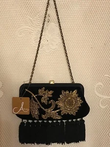 Aria by Mary Frances Small Black Velvet Bag w/Gold Beading and Chain Strap NWT - Picture 1 of 12