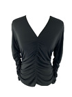 Joie S Womens Ruched Long Sleeve V-Neck Black Blouse Top Size Small