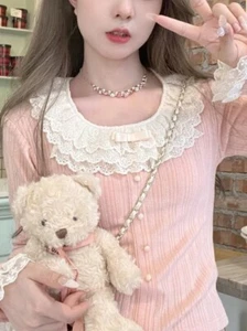 Autumn Japanese Kawaii Lolita Blouse Women Lace Knitted Korean Elegant T-shirt - Picture 1 of 23