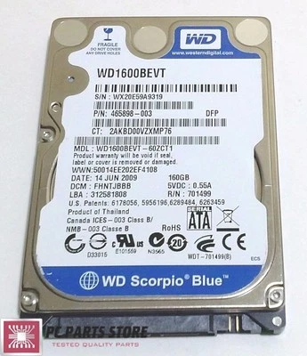 Western Digital 160GB 2.5 WD1600BEVT-60ZCT1 2061-701499-E00 AC FOR PARTS/REPAIR - Image 1 of 4