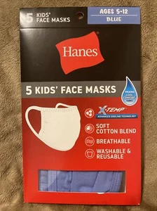 New 5 Hanes Face Masks 100% Cotton Reusable Washable Kids Ages 5-12 Blue - Picture 1 of 4