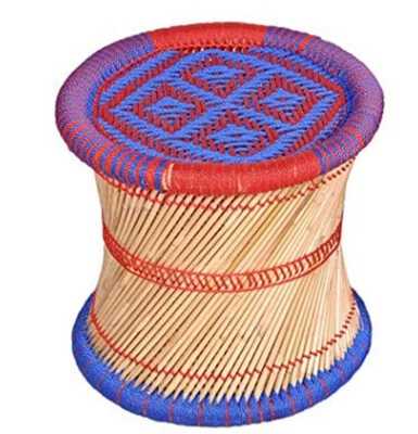KKSM Hadmade Ecofriendly Bamboo Outdoor Indoor Stool Muddha Blue Red Color - Image 1 of 2