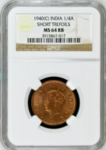 British India 1940(C) SHORT TREFOILS 1/4A NGC MS 64 RB Certified - Picture 1 of 2