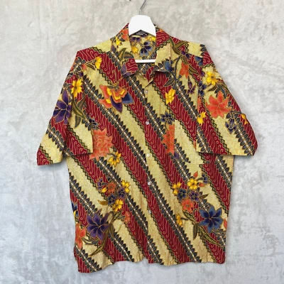 Bali Bagus Batik Shirt Mens XL Red Gold Floral Geometric Indonesian Style - Image 1 of 4