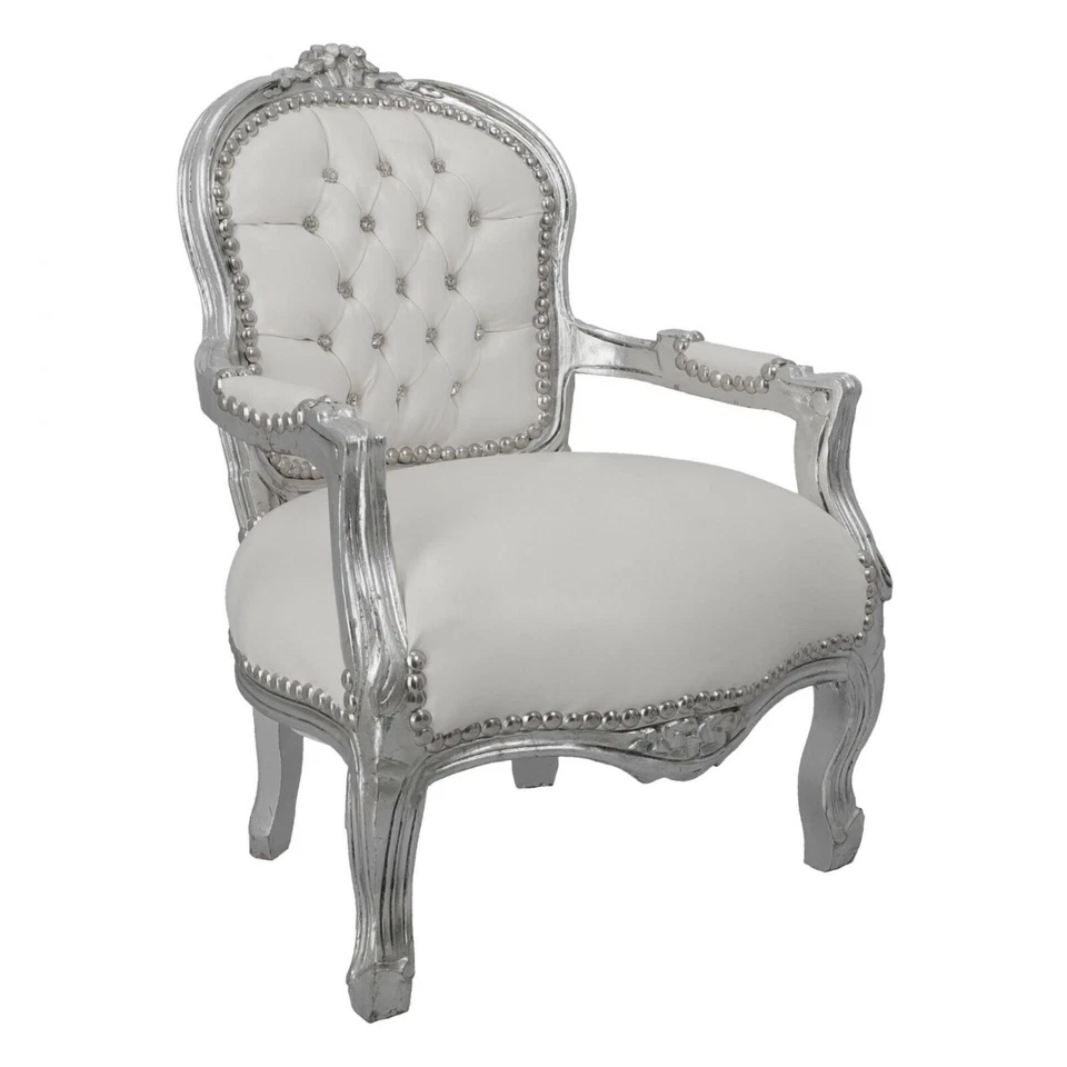 Poltrona con braccioli barocco in foglia argento pelle bianca BAMBINI CAMERETTA - Immagine 1 di 4