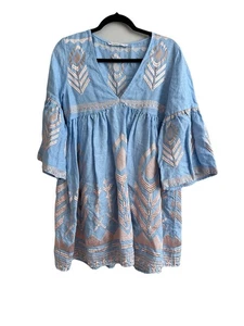 Greek Archaic Koi Linen Dress M Feather Bell Mini Boho Dress S22K-23022 - Foto 1 di 7