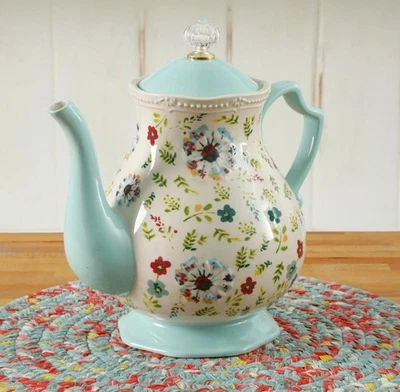Tetera The Pioneer Woman Kari 2,4 cuartos de galón gres cerámica floral turquesa Foto 1 de 4