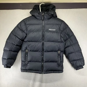 Marmot Down Puffer Jacket Youth Boys Medim Black Hooded 700 Fill 18x22 - Picture 1 of 23