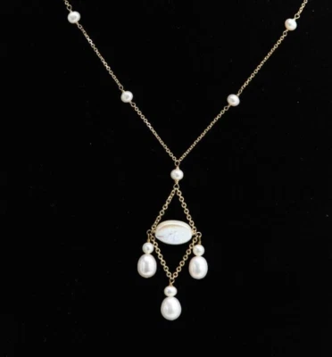 Collar de perlas con cuentas de alambre colgante de oro amarillo de 14 k y perlas #009 Foto 1 de 4