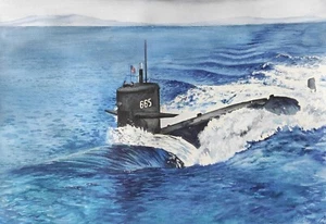 Submarine Painting Watercolor Original US Navy Artwork Seascape Ocean Wall Art - Picture 1 of 12