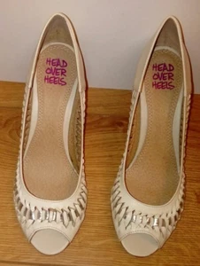New Ladies Head Over Heels Cream & Silver Twist Peep Toe 3" Heel Shoes - UK 4 - Picture 1 of 11