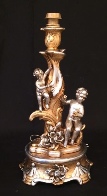 LUME GRANDE CON ANGELI E ROSE IN CERAMICA FOGLIA ORO E ARGENTO CON CRISTALLI - Immagine 1 di 1