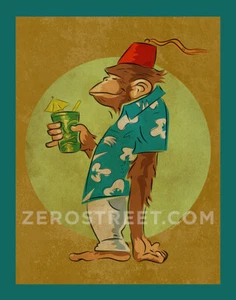 Bradbury The Chimp Drunk Ape Fez Tiki Bar Art Print Man Cave Artwork  Monkey  - Picture 1 of 1