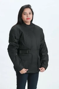 WOMEN CORDURA TEXTILE PADDED MOTORBIKE JACKET, FULLY WATERPROOF, BLACK PL1713 - Picture 1 of 11