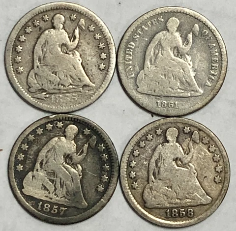 1855, 1857, 1858, 1861 Seated Liberty Half Dimes Circ G/VG, LOT OF 4 COINS! Cover