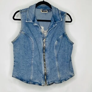BIKER BLUES Harley Davidson Blue Stretch Denim Vest Zip Front Womens Size 14 - Photo 1/12