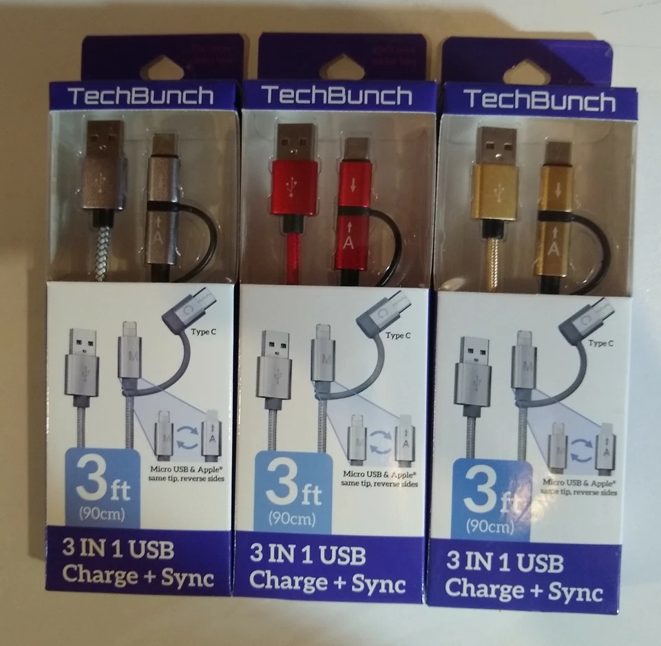 3 in 1 USB Type C Micro Data Sync Fast Charging Cable Charger For iPhone Samsung - Image 1 of 1