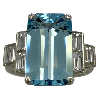 3.51ct Fine Blue Emerald Cut Aquamarine And Diamond Art Deco Platinum Ring - Image 1 of 4