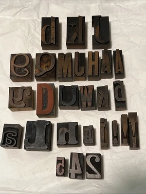 Letterpress Printer Wooden Block Lot 27 Printing Press Stamps Letters Numbers - Image 1 of 4