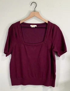 Boden L Solid Plum Square Neck Slight Puff Sleeve Ribbed Hem Knit Top Blouse - Picture 1 of 7