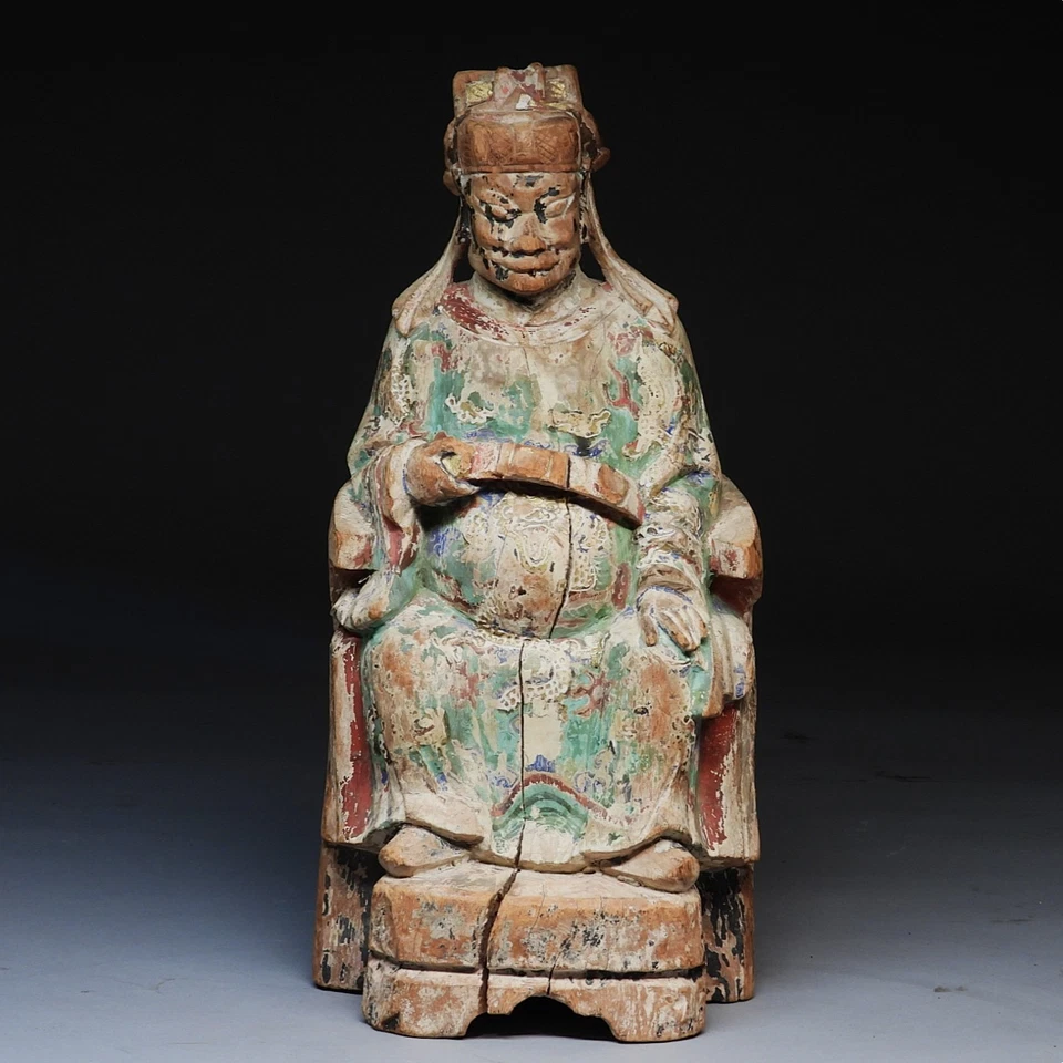 Chinese Qing Dynasty Polychrome Painted Wood Taoist Deity Buddha Statue - Image 1 of 4
