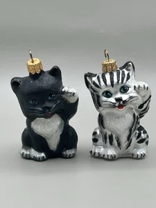 Cat/Kittens Glass Christmas Ornament Set of 2 Black & Silver Black Striped 3" - Picture 1 of 7